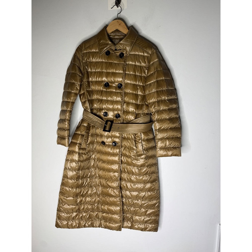 Herno Womens Metallic Bronze Puffer Trench Coat Belted Quilted Double Breasted